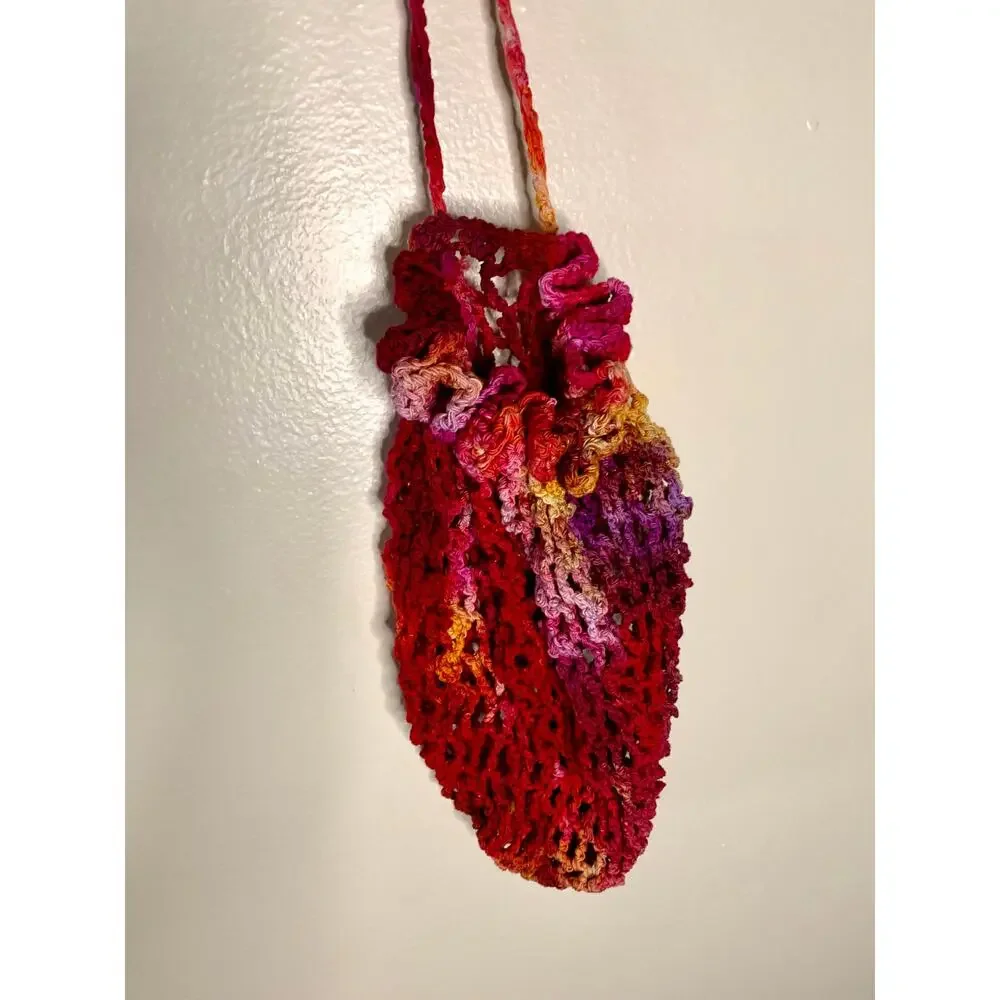Vintage Crochet Drawstring Bag Hand Dyed Red Orange Purple Boho Mesh Fruit Sack